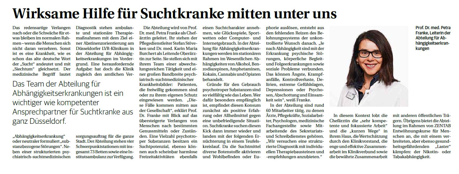 Zeitungsartikel über die Abteilung für Abhängigkeitserkrankungen in der Rheinischen Post