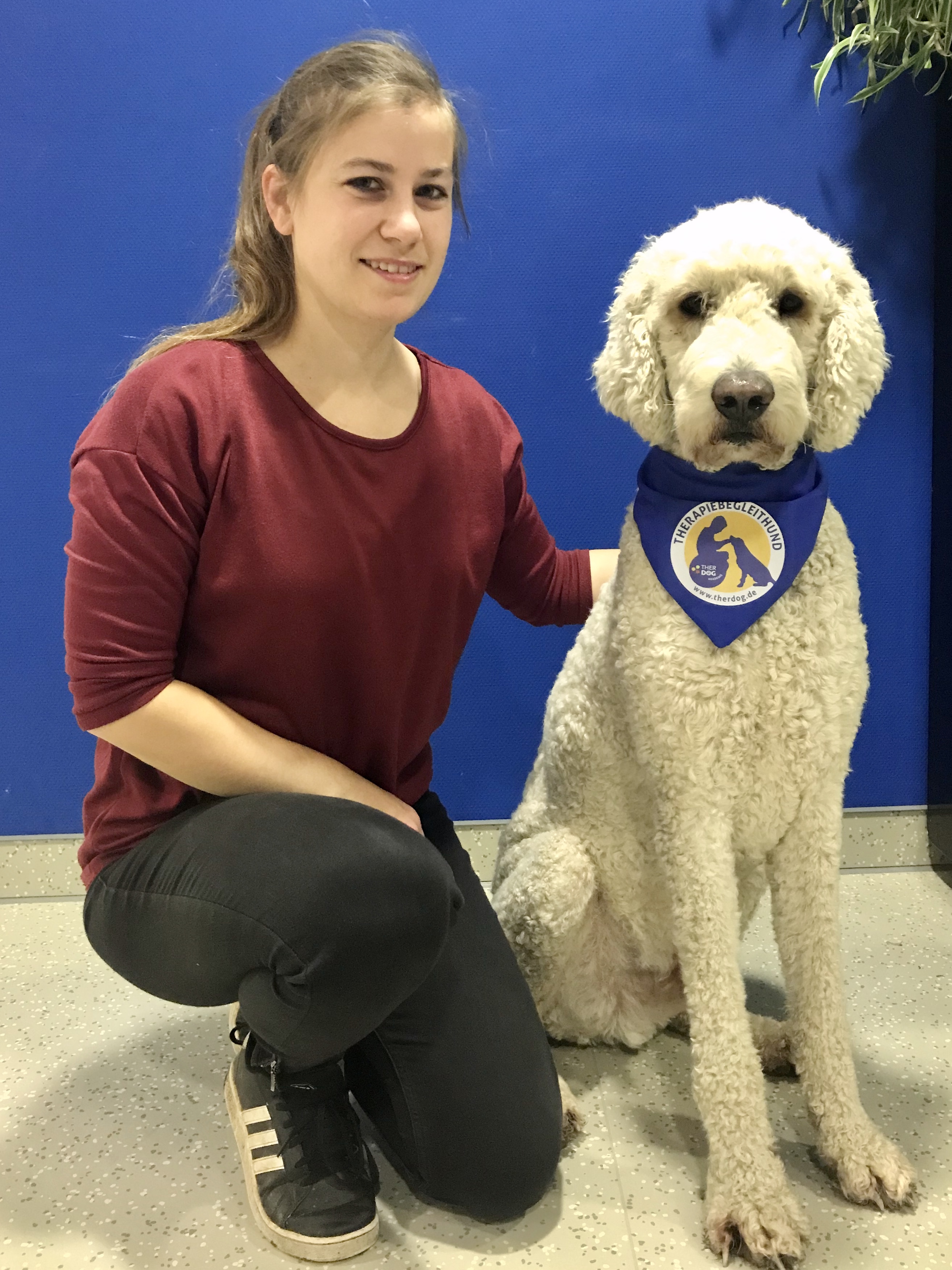 Sozialarbeiterin kniet neben ihrem Therapiehund Koda und legt eine Hand auf seinen Rücken