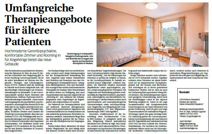 Zeitungsartikel über die Gerontopsychiatrie in der Rheinischen Post mit Foto von einem Patient*innenzimmer und der Überschrift: Umfangreiche Therapieangebote für ältere Patienten