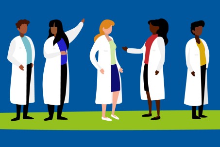 Illustration verschiedener Personen in Kittel oder Kasak