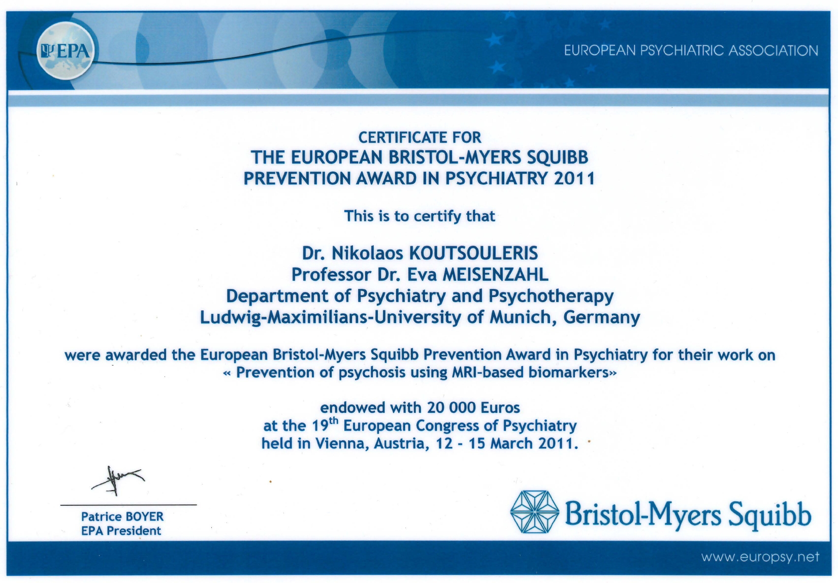Abbildung der Urkunde des Bristol-Myers Award 2011